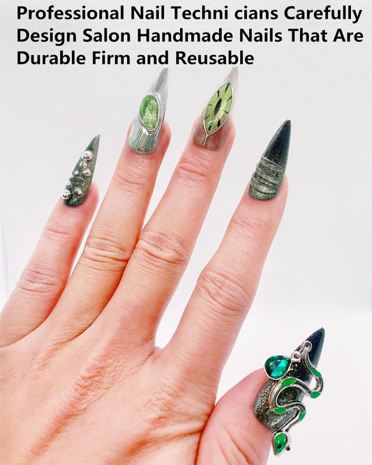 CAMILCY hand-painted nails with black-green diamonds offer salon-style drama at home.