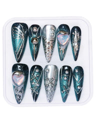 CAMILCY press on nails with blue and silver diamonds for a luxury statement