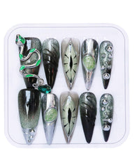 CAMILCY press on nails in long almond shape with black diamonds, hand painted for a bold look.