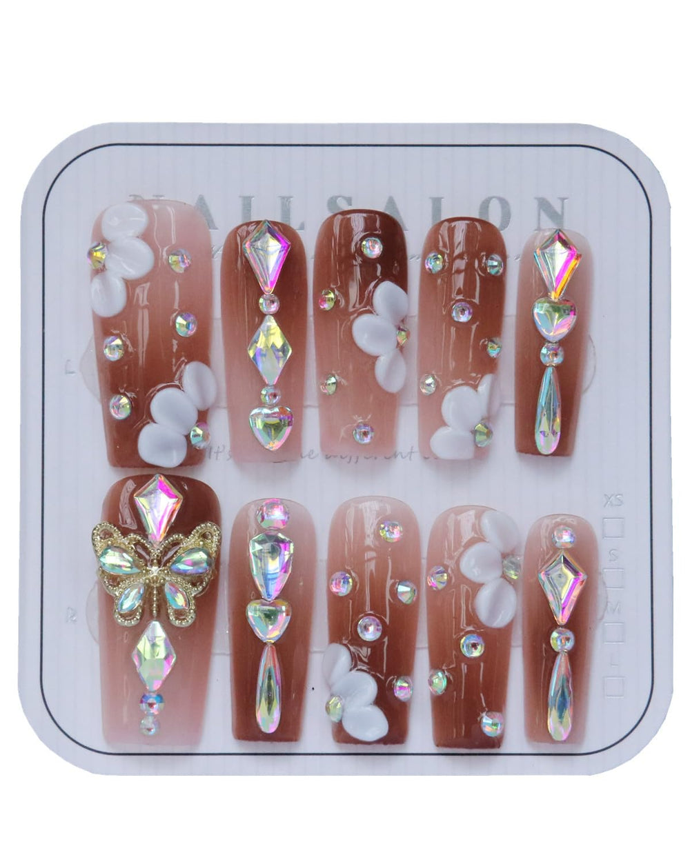 CAMILCY press-on nails in long coffin shape with gradient brown and diamonds for elegant style.