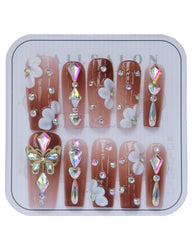 CAMILCY press-on nails in long coffin shape with gradient brown and diamonds for elegant style.