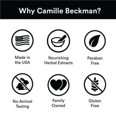 Camille Beckman Basics for Men bottle back label—rich moisture for rough skin