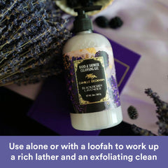 Camille Beckman blackberry-lavender gel label highlighting vegan formula.
