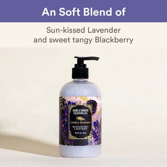 Camille Beckman blackberry-lavender gel rich lather for thorough cleansing.