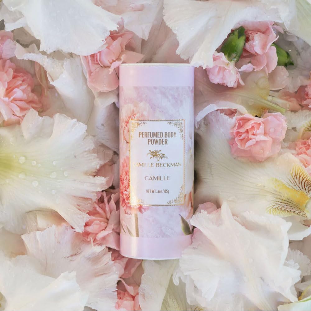 Camille Beckman fragranced talc-free powder dusting action for freshness.