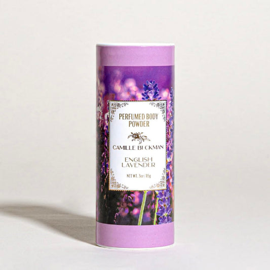 Camille Beckman powder being dabbed into the hand for cooling, refreshing application