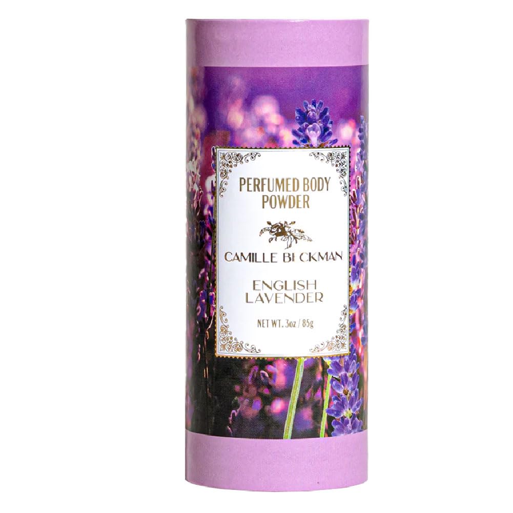 Camille Beckman English Lavender talc-free body powder in 3oz packaging for gentle fragrance