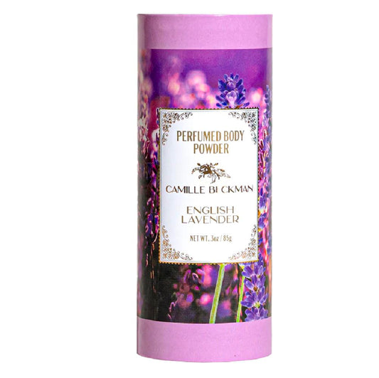 Camille Beckman English Lavender talc-free body powder in 3oz packaging for gentle fragrance