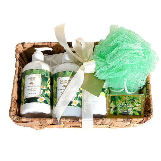 Camille Beckman Essentials Gift Basket with net and box, ideal gift for pampering routines