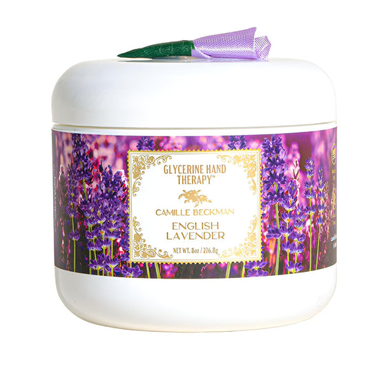 Camille Beckman hand therapy cream bottle with lavender provides nourishing moisture and a calming scent