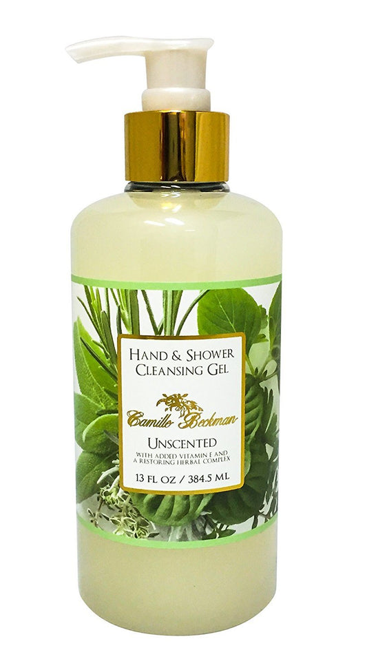 Camille Beckman hand and shower cleansing gel unscented bottle for gentle cleansing and hydration.
