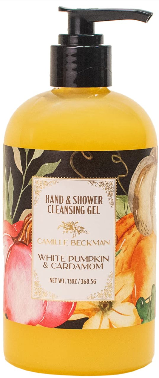 Camille Beckman hand and shower gel bottle front view showing autumn scent for daily cleansing.