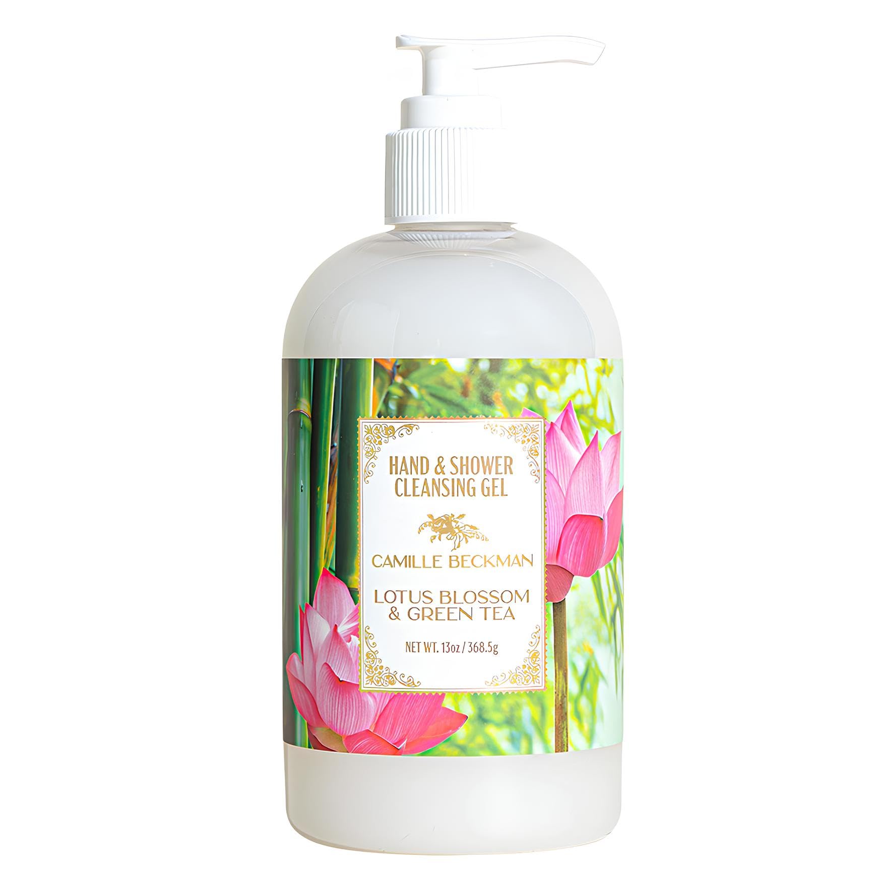 Camille Beckman hand wash with pump featuring lotus blossom and green tea aroma.