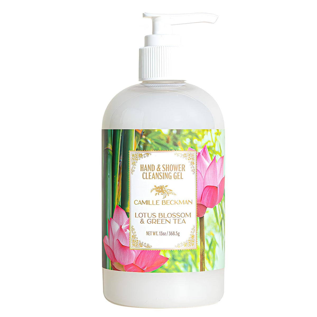 Camille Beckman hand wash with pump featuring lotus blossom and green tea aroma.