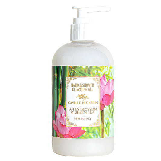 Camille Beckman hand wash with pump featuring lotus blossom and green tea aroma.