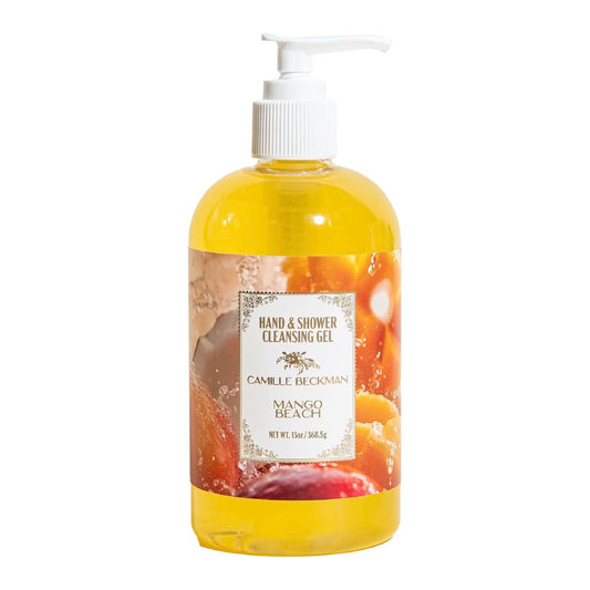 Camille Beckman Mango Beach cleansing gel bottle pour for a gentle, hydrating clean