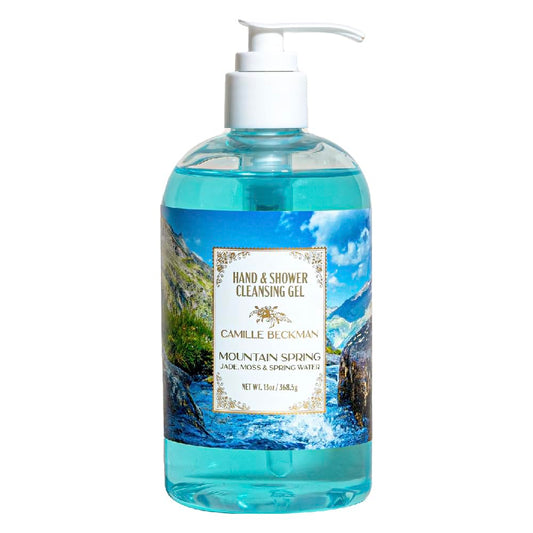 Camille Beckman Mountain Spring bottle with pump for gentle cleansing and spa-like scent.