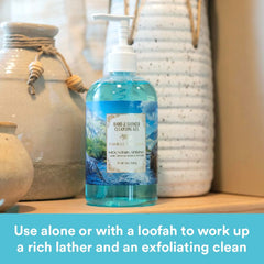 Close-up foam on hand highlighting rich cleansing action of Mountain Spring gel.