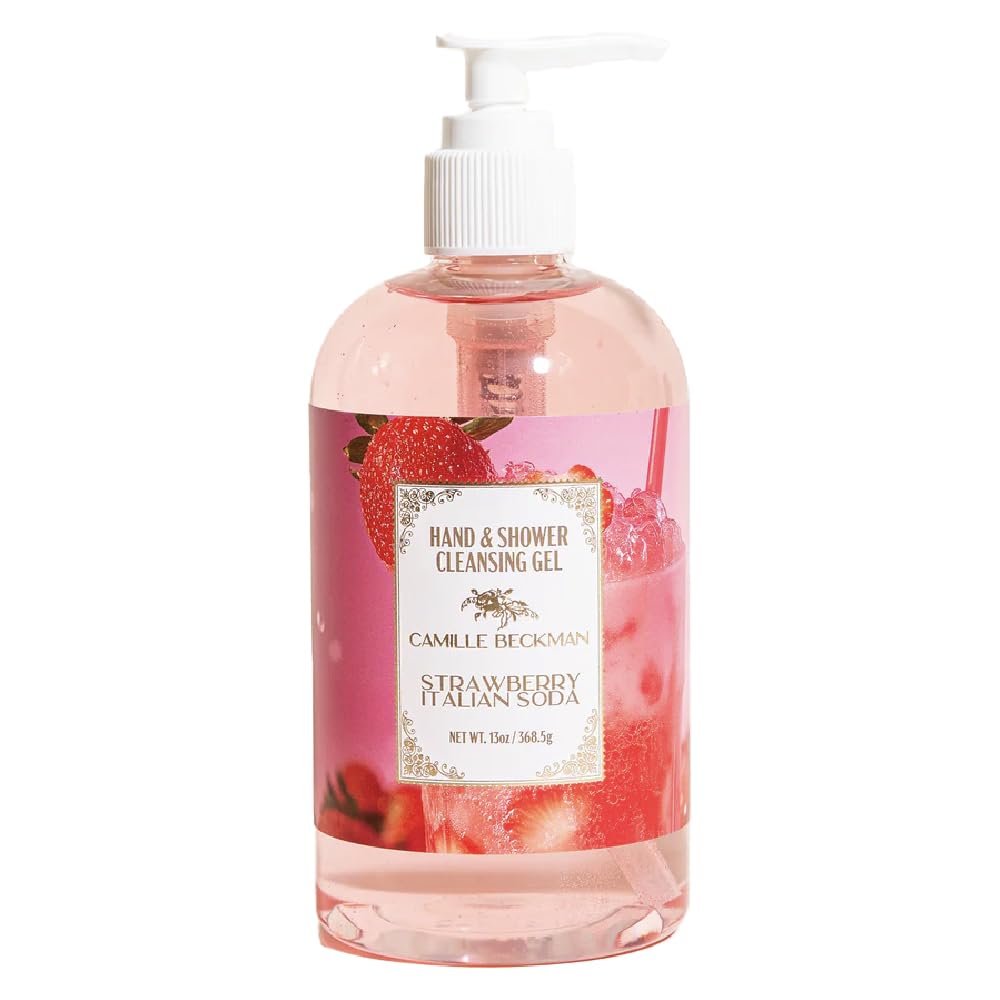 Camille Beckman Strawberry Italian Soda bottle pour, releasing a fruity fragrance for shower routine