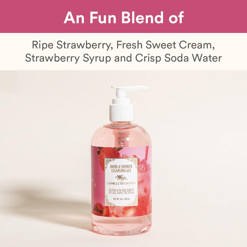 Camille Beckman Strawberry Italian Soda hand-lather close-up, creamy foam ready for cleansing