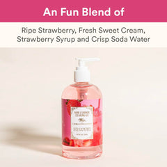 Camille Beckman Strawberry Italian Soda hand-lather close-up, creamy foam ready for cleansing