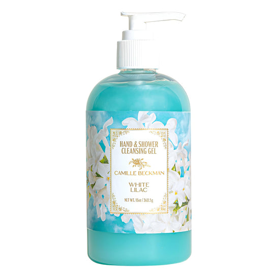 Camille Beckman White Lilac bottle with pour spout for a gentle, refreshing cleanse.