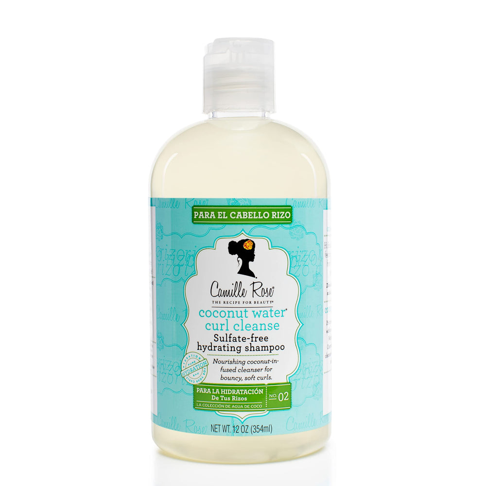 Camille Rose Coconut Water Shampoo bottle provides lightweight cleansing for soft curls