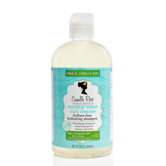 Camille Rose Coconut Water Shampoo bottle provides lightweight cleansing for soft curls