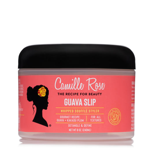 Camille Rose Guava Whipped Hair Styling Cream bottle for easy detangling and frizz control.