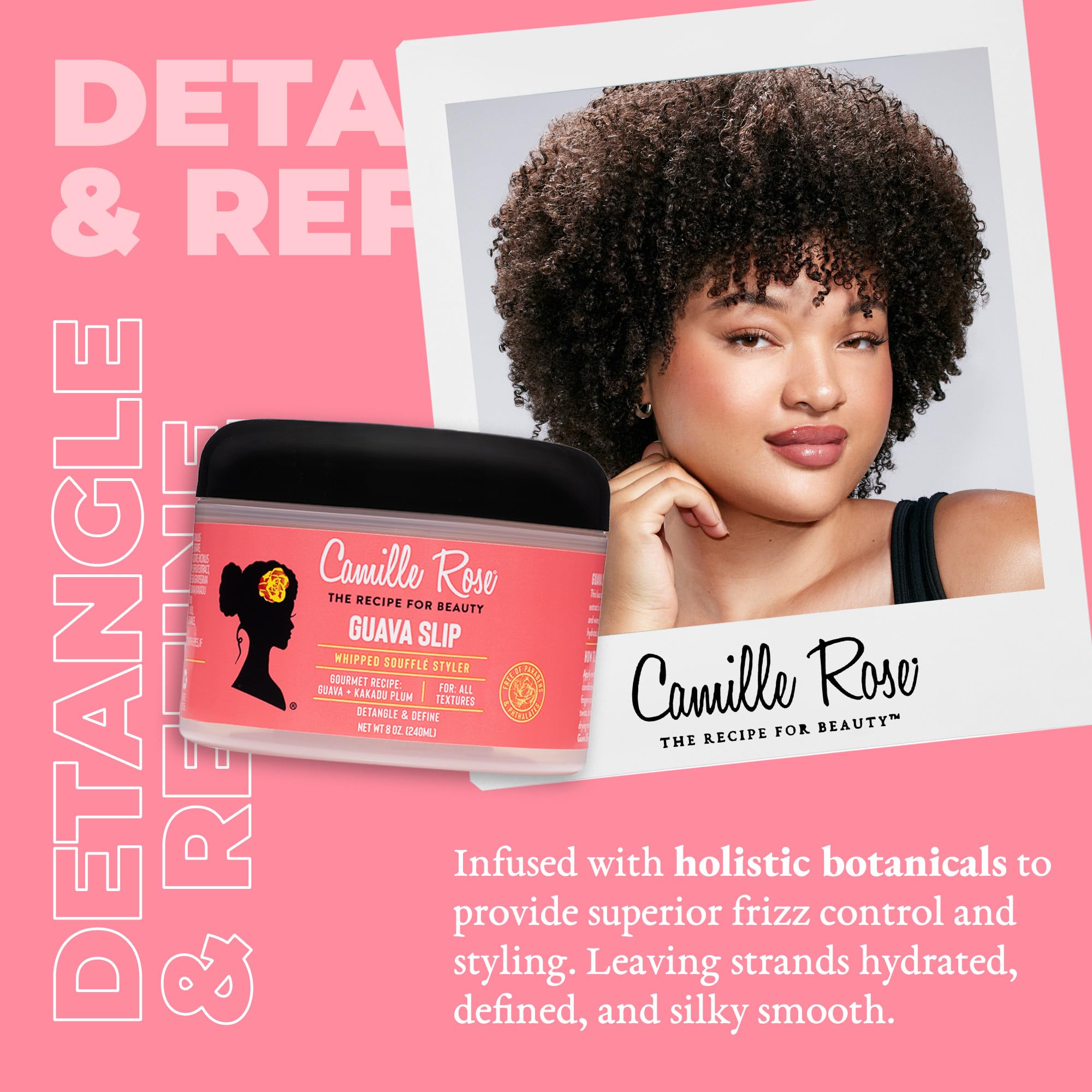 Camille Rose Guava whipped cream texture close-up shows lightweight nourishment for smooth curls.