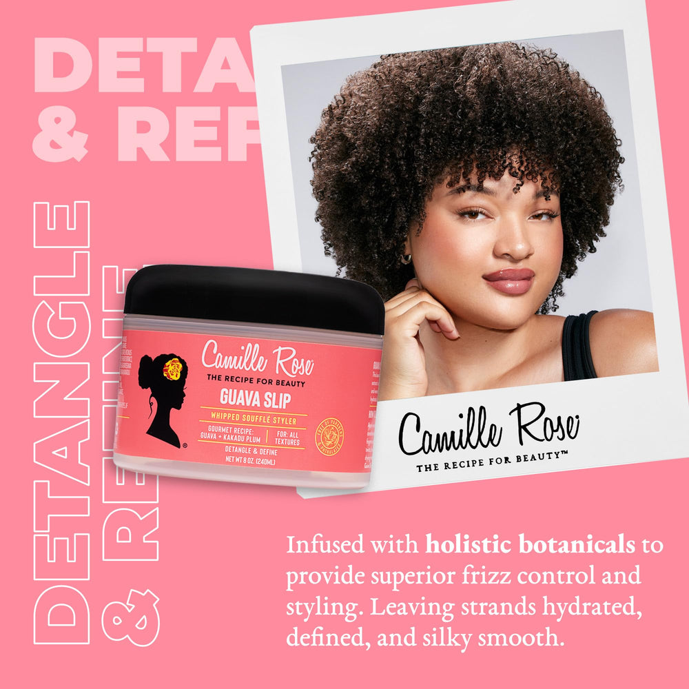 Camille Rose Guava whipped cream texture close-up shows lightweight nourishment for smooth curls.