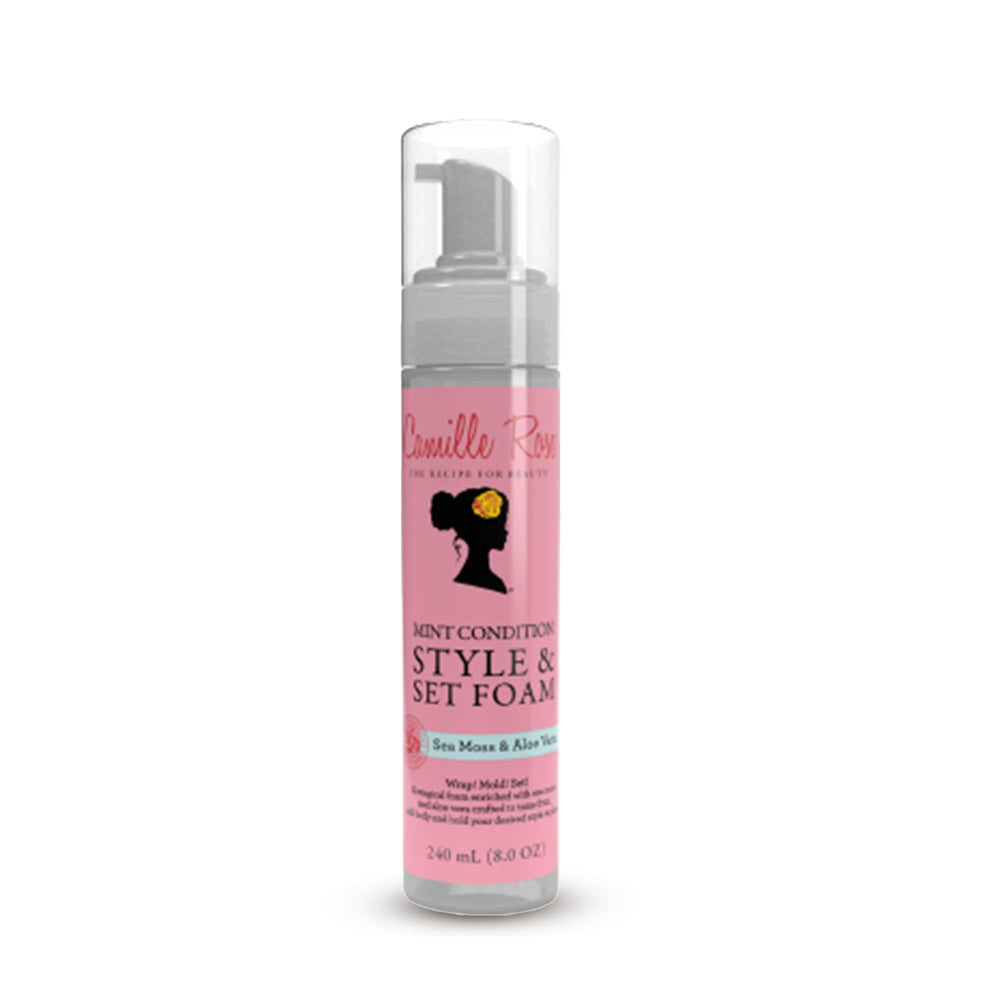 Camille Rose Mint Condition Style & Set Foam bottle with sea moss and aloe for hydration.