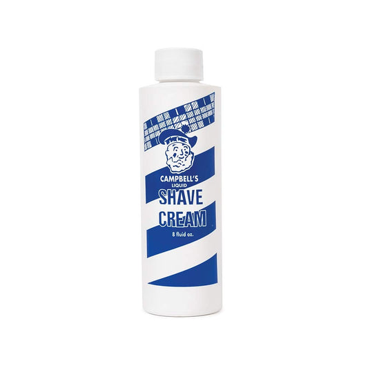Campbell's Liquid Shave Cream 8oz bottle for professional barbers showing premium packaging and use.