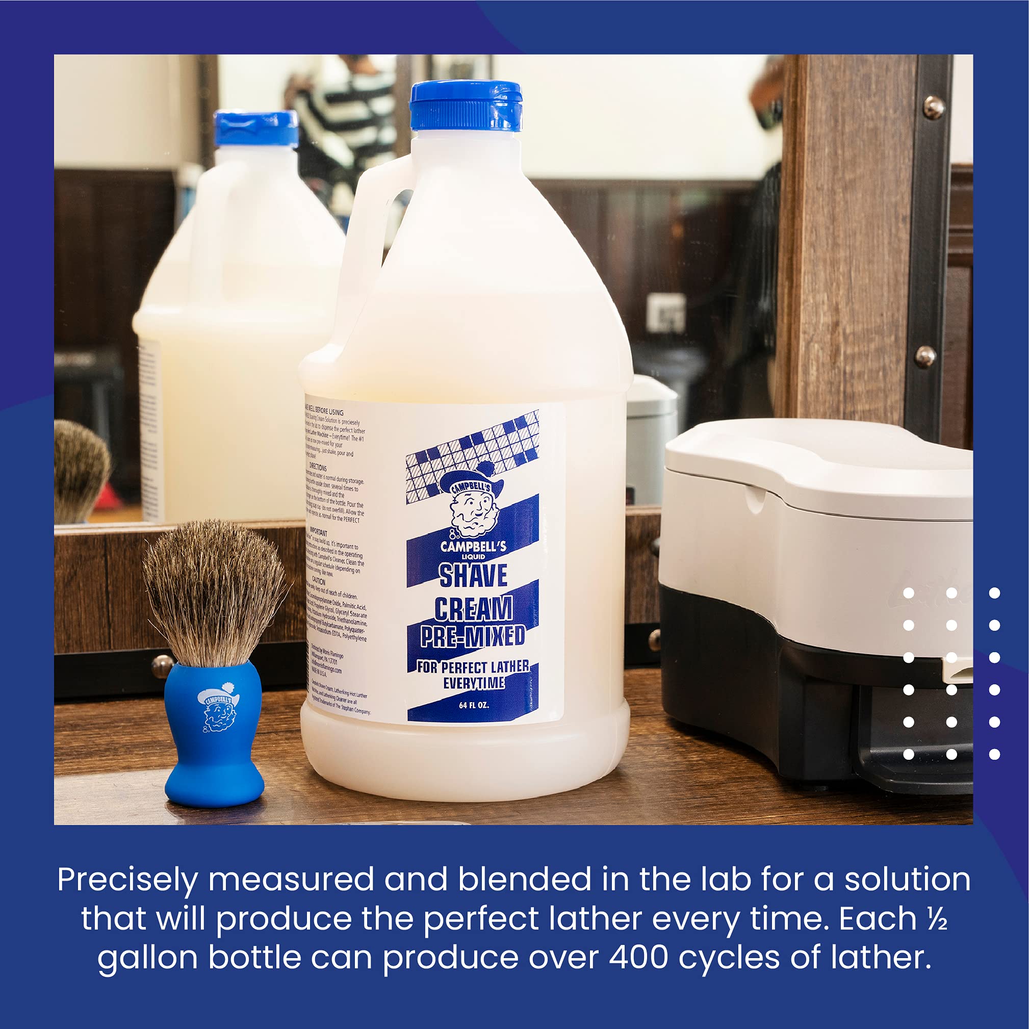 Campbell’s Pre-Mixed Shave Cream bottle shake ensures consistent mixing.