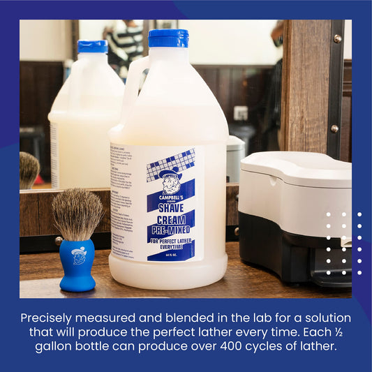 Campbell’s Pre-Mixed Shave Cream bottle shake ensures consistent mixing.