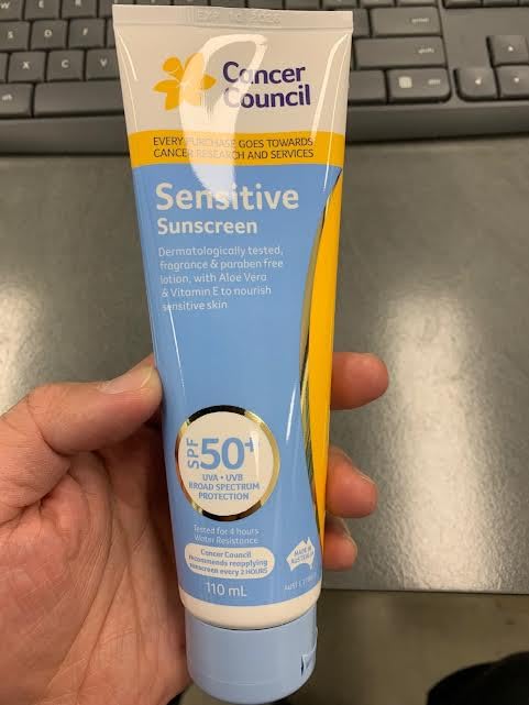 Cancer Council Sensitive Sunscreen SPF50+ on skin for smooth, hydrated protection.