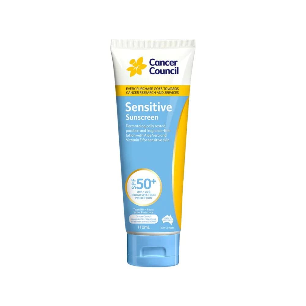 Cancer Council Sensitive Sunscreen SPF50+ 110 ml bottle with broad-spectrum protection for daily use.