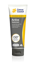Cancer Council SPF 50+ Active 110ml tube shown, lightweight and quick-drying sun protection for outdoor activities.