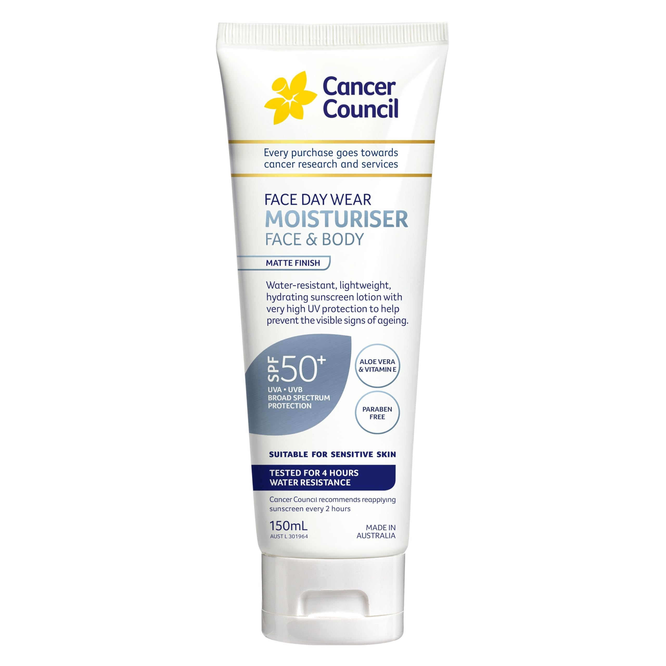 Cancer Council SPF50+ Day Wear bottle front view showing matte finish and protection.
