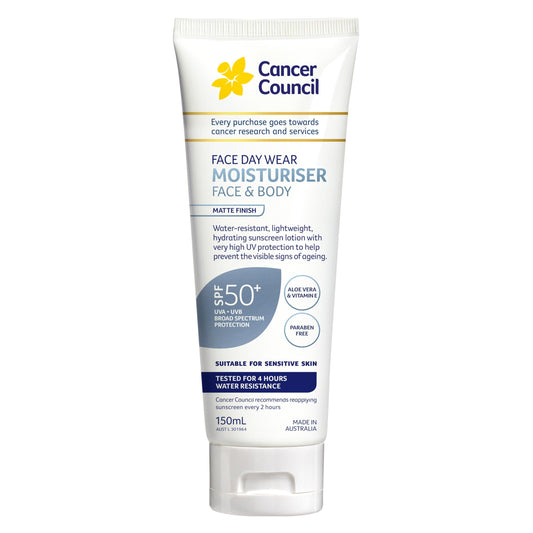 Cancer Council SPF50+ Day Wear bottle front view showing matte finish and protection.