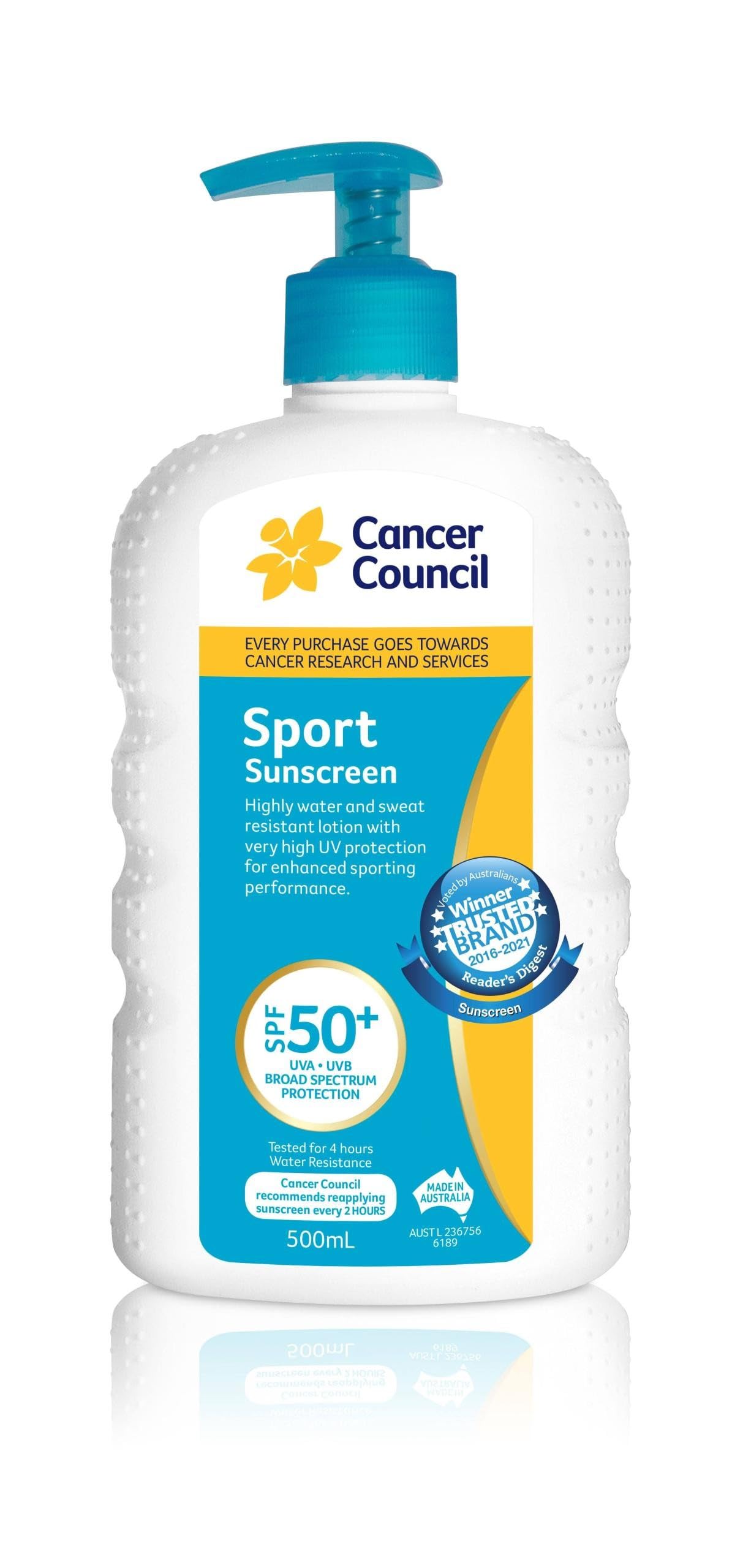 Cancer Council Sport SPF50+ Pump bottle provides long-lasting sun protection for outdoor workouts.
