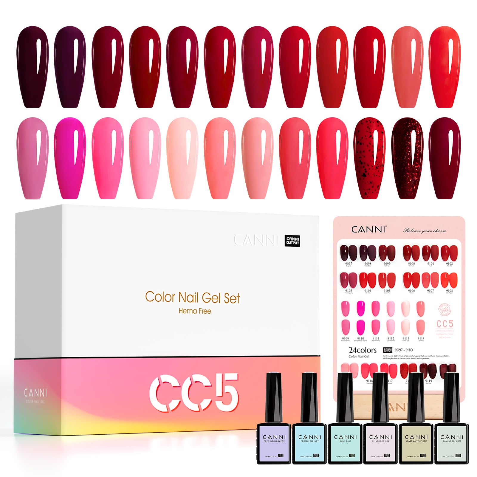 CANNI 30-pcs red gel nails set fire shade bottle lineup enhances vibrant nails