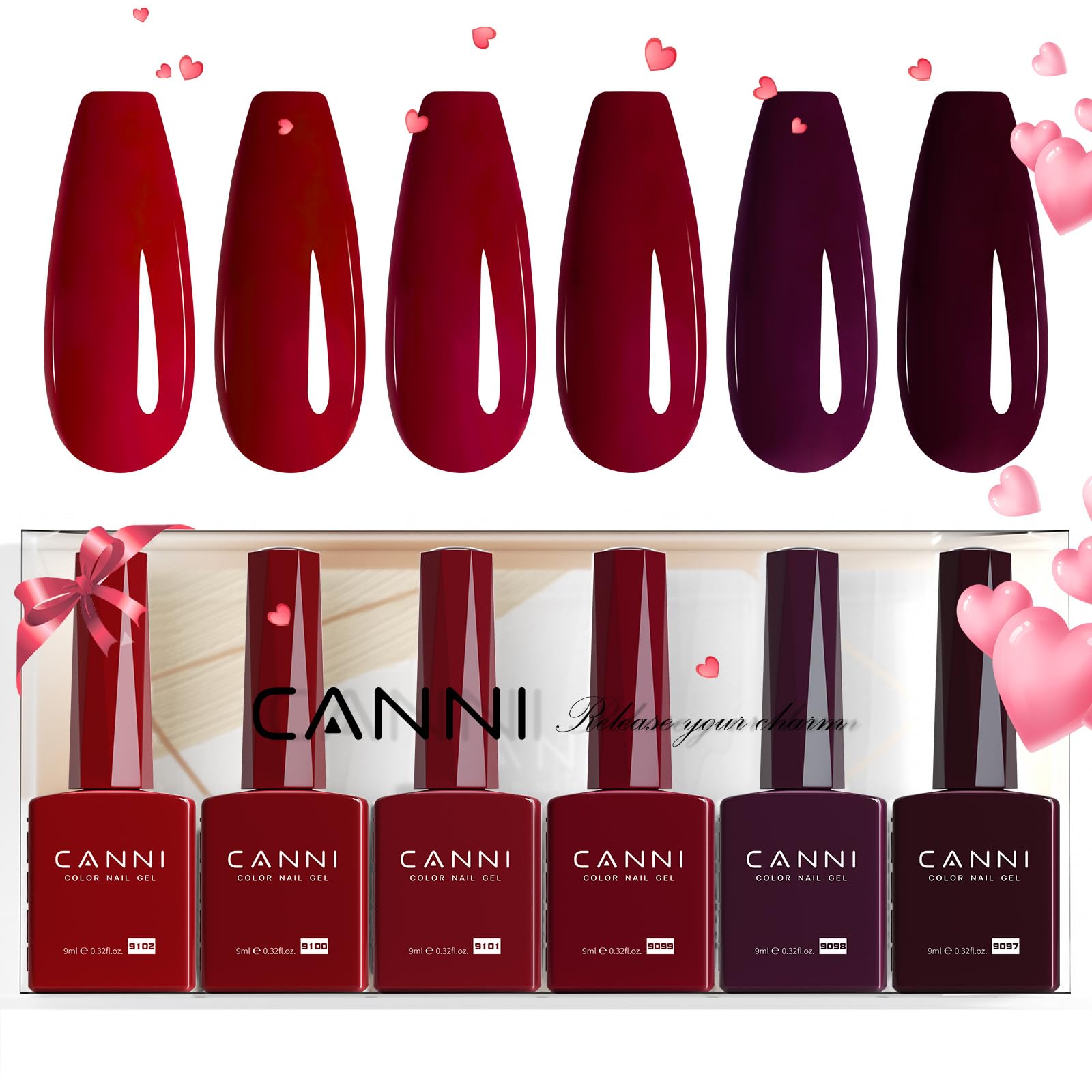 CANNI six-color gel set with dark red bottles for accurate color viewing.
