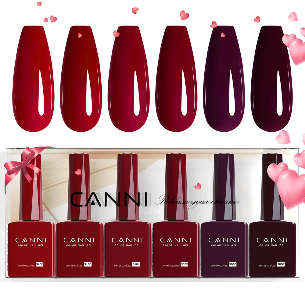 CANNI six-color gel set with dark red bottles for accurate color viewing.
