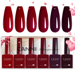 CANNI six-color gel set with dark red bottles for accurate color viewing.