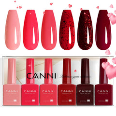CANNI 6 colors glitter red gel polish set bottle close-up for accurate color view