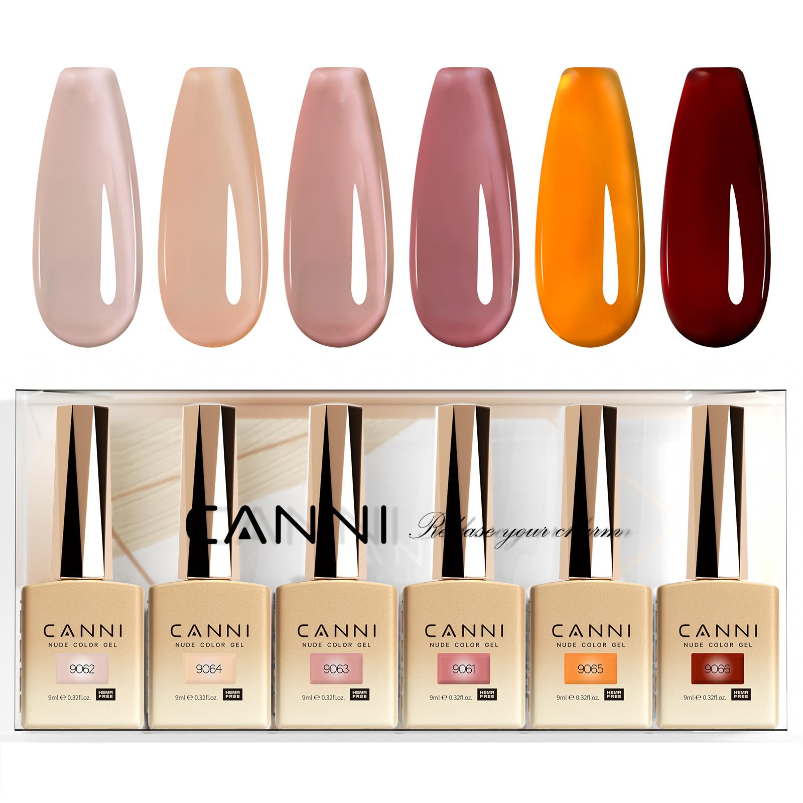 CANNI six-color set bottles show true shades for precise at-home gel manicures.