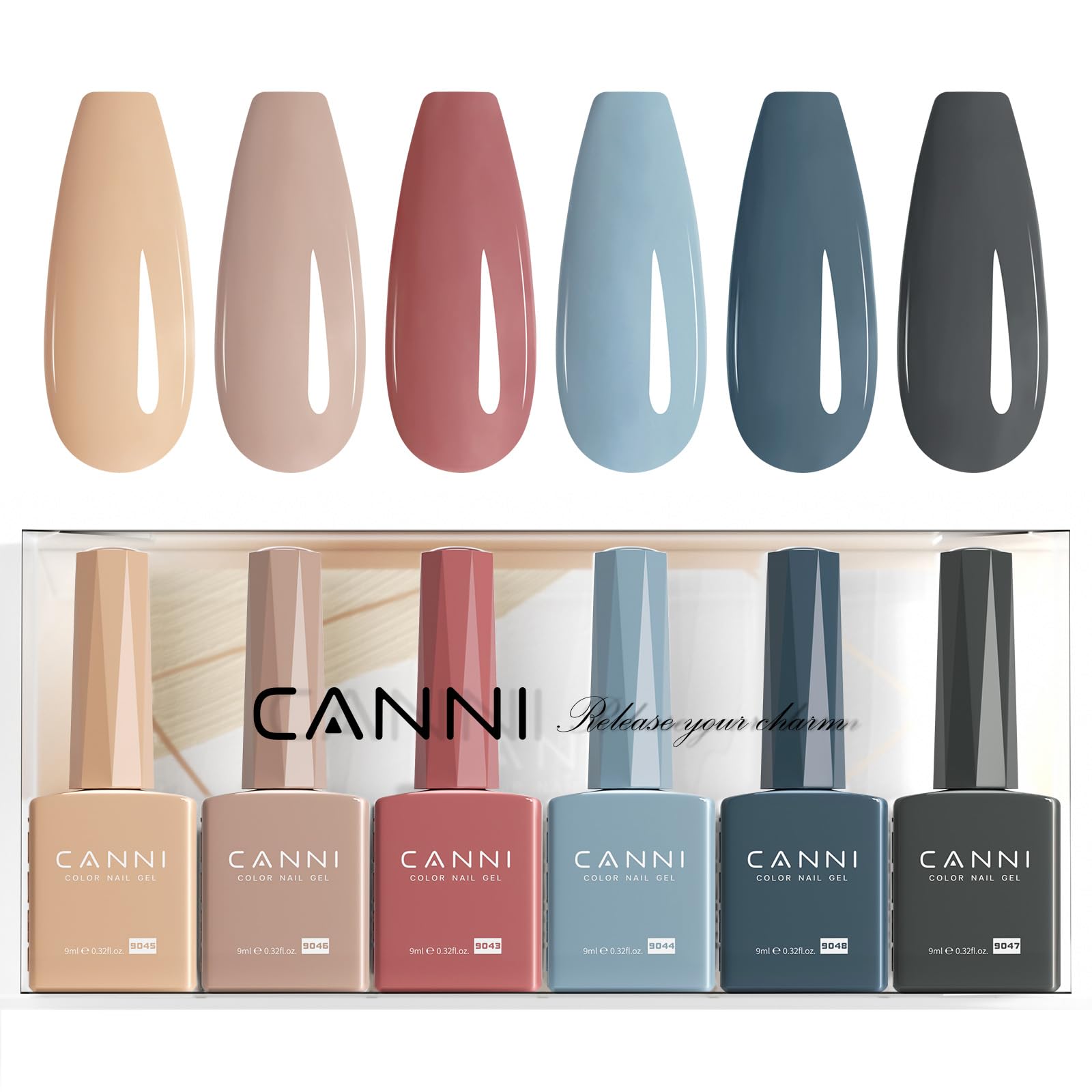 CANNI gel set bottle view shows color-accurate brown nude blue shades for at-home manicure