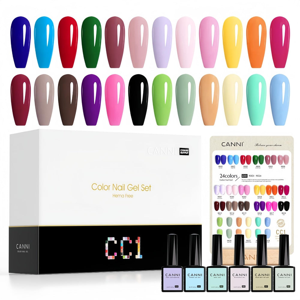 CANNI CC1 30-color gel set displayed for versatile at-home manicures.