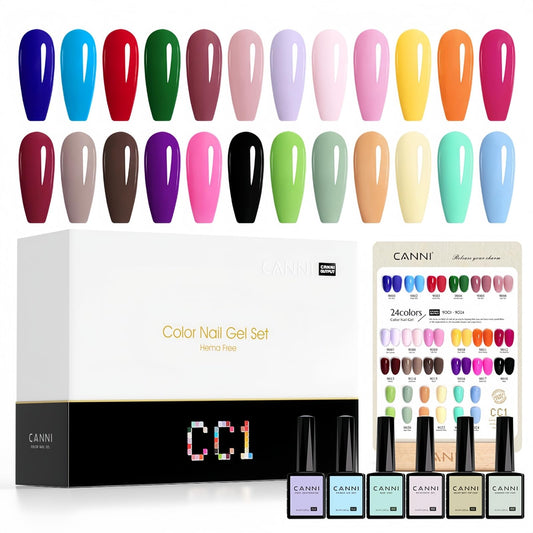 CANNI CC1 30-color gel set displayed for versatile at-home manicures.